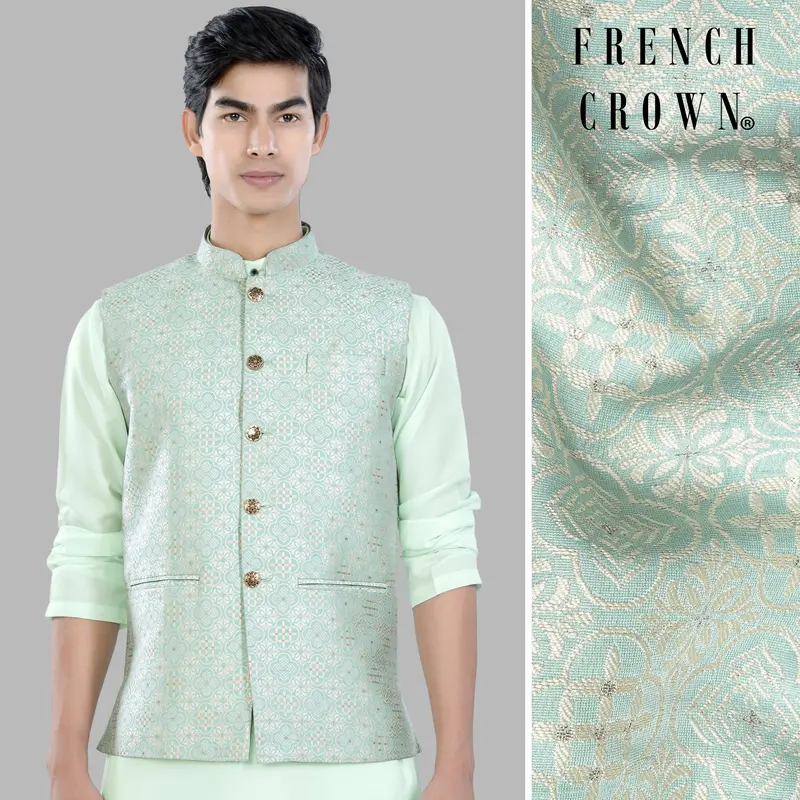 Opal Green And White Moroccan Jacquard Textured Designer Nehru Jacket 1