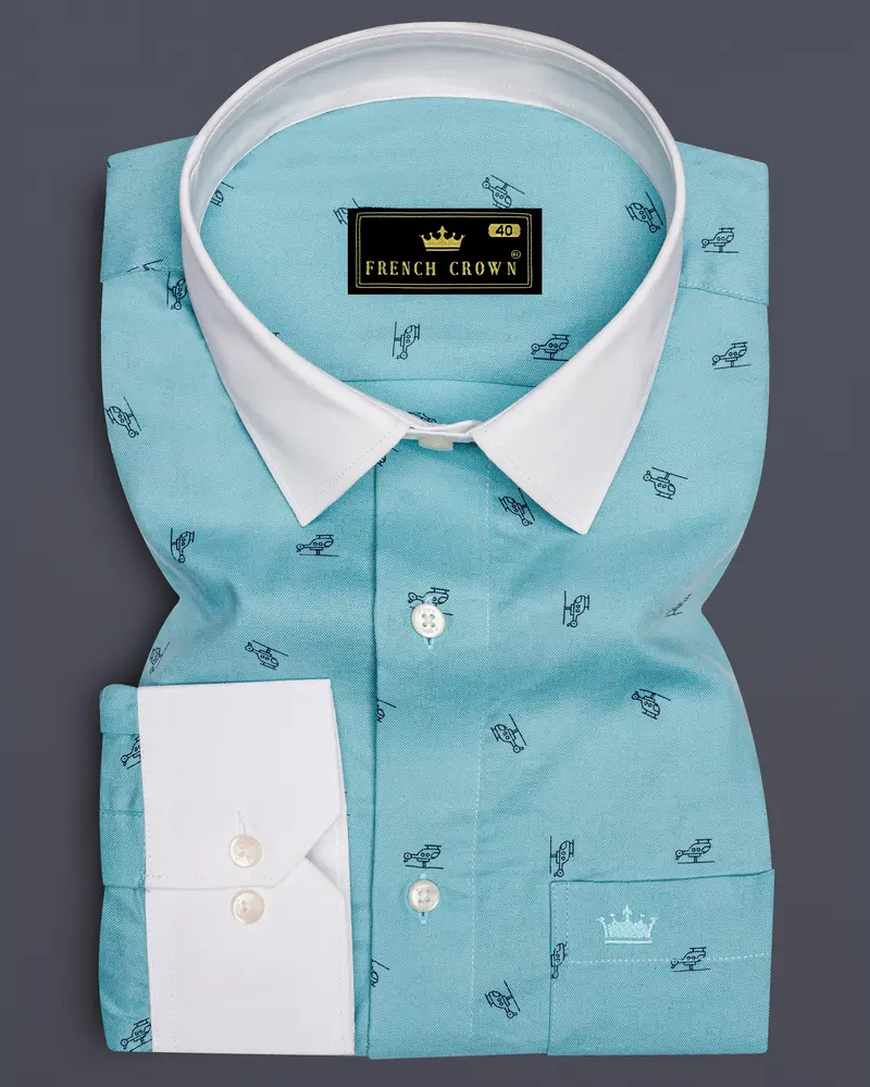 Opaque Aqua Blue Helicopter Printed Royal Oxford Shirt 1
