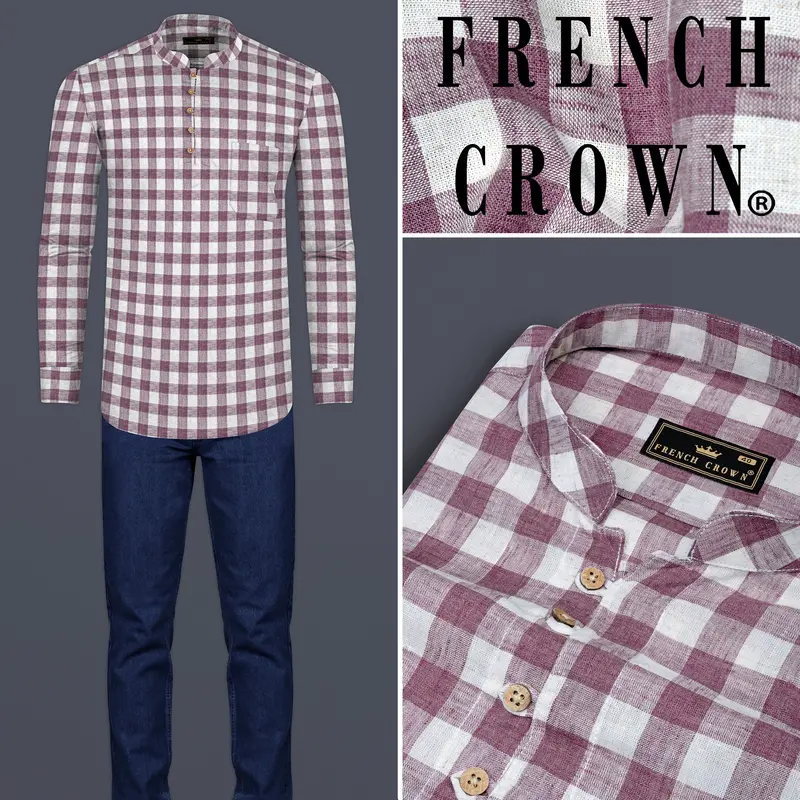 Opium Pink With White Plaid Luxurious Linen Kurta Shirt 10