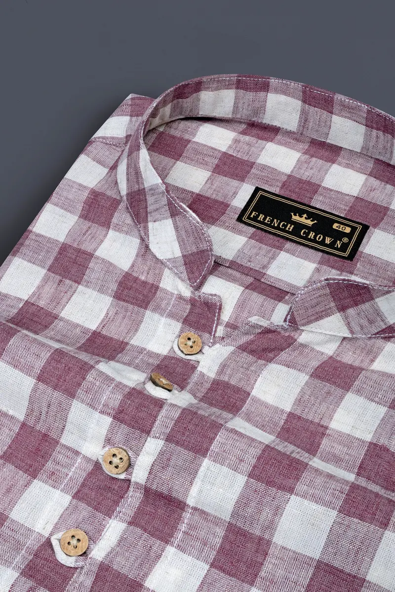 Opium Pink With White Plaid Luxurious Linen Kurta Shirt 4