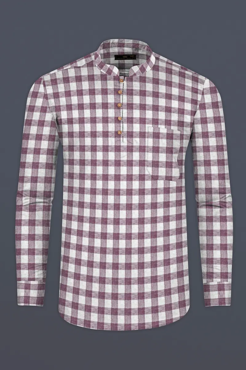 Opium Pink With White Plaid Luxurious Linen Kurta Shirt 5