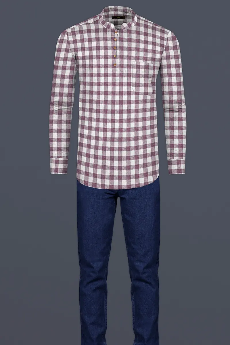 Opium Pink With White Plaid Luxurious Linen Kurta Shirt 7