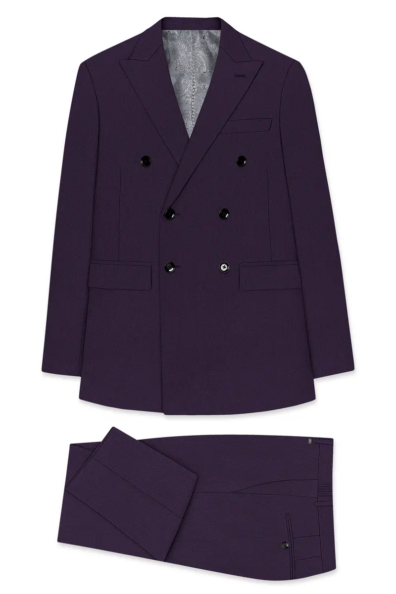 Opulent-Bastille Purple Diamond Textured Wool Rich Slight Stretch Double Breasted Suit 11