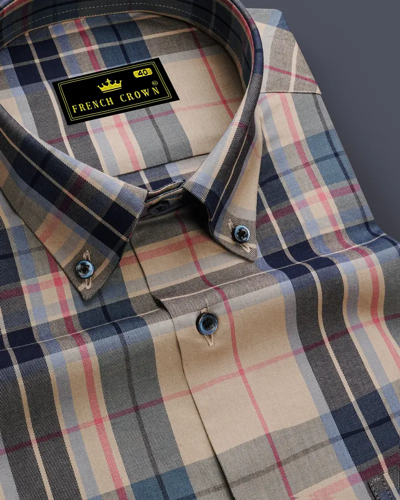 Opulor-Midnight Blue And Sandrift Cream Plaid Twill Premium Cotton Semi Formal Shirt 1