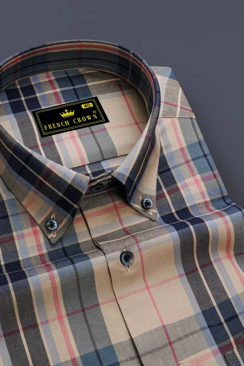 Opulor-Midnight Blue And Sandrift Cream Plaid Twill Premium Cotton Semi Formal Shirt 2