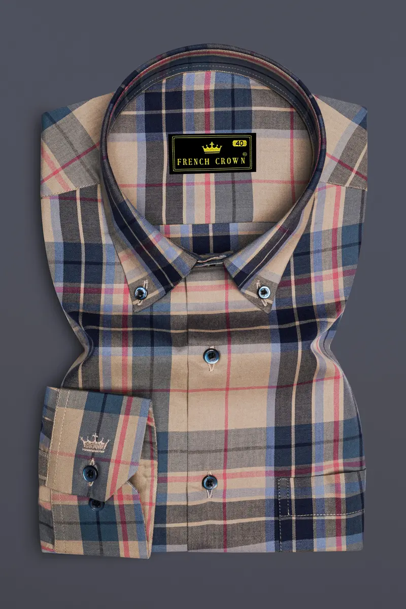 Opulor-Midnight Blue And Sandrift Cream Plaid Twill Premium Cotton Semi Formal Shirt 4