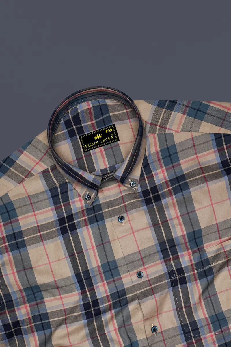 Opulor-Midnight Blue And Sandrift Cream Plaid Twill Premium Cotton Semi Formal Shirt 5