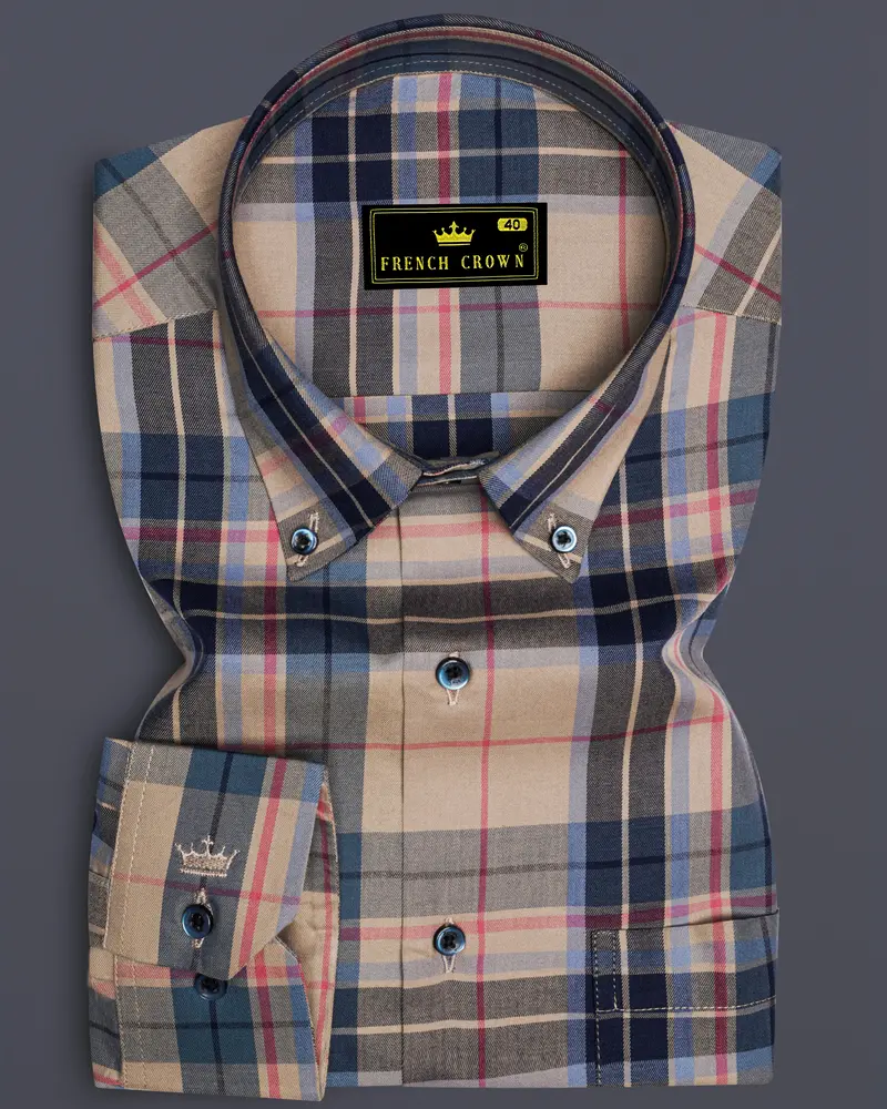 Opulor-Midnight Blue And Sandrift Cream Plaid Twill Premium Cotton Semi Formal Shirt 6