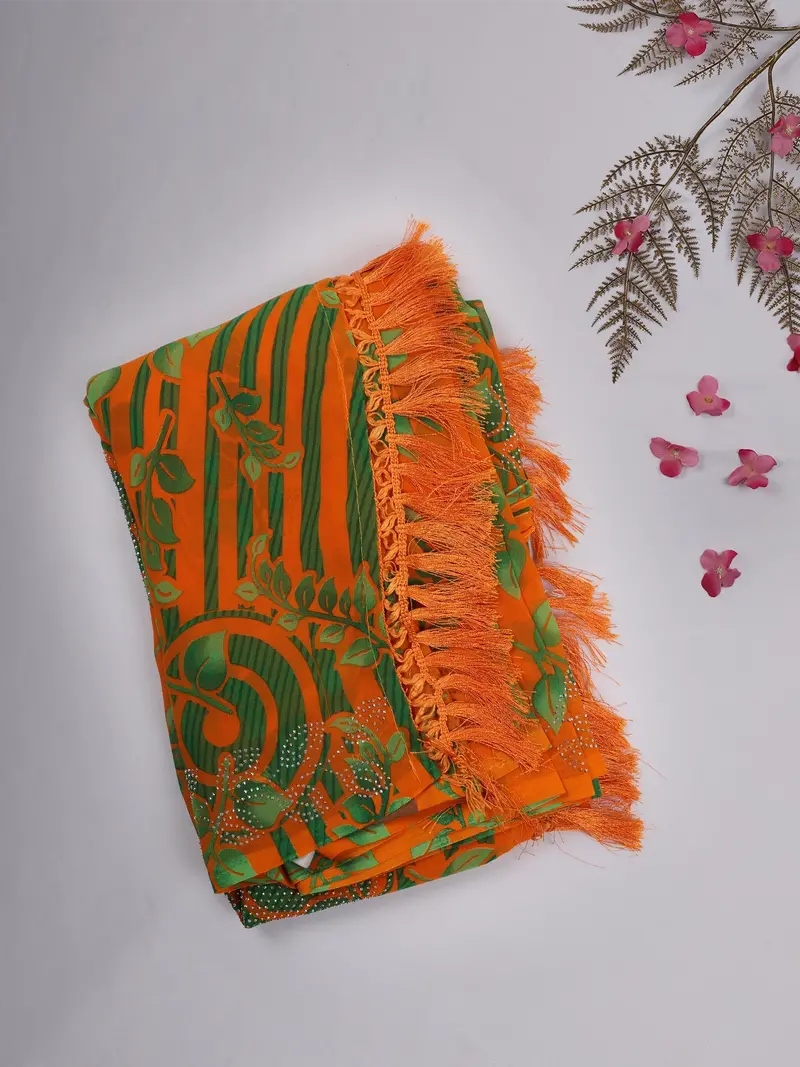 Orange And Green Leaf Printed Design Chiffon Saree With Stone Embellished Border 1
