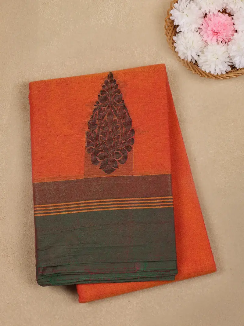 Orange And Green Paisley Woven Cotton Saree 1