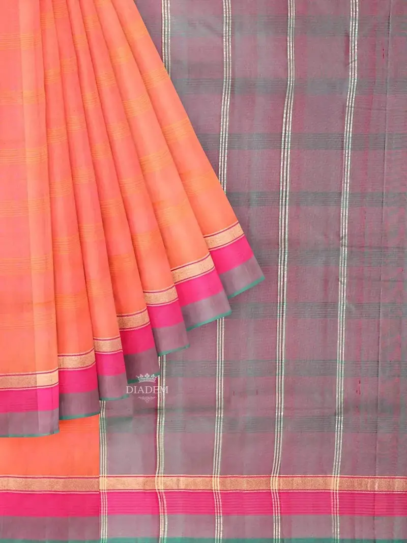 Orange And Pink Dual Tone Silk Saree With Stripes On The Body And Contrast Zari Border 1