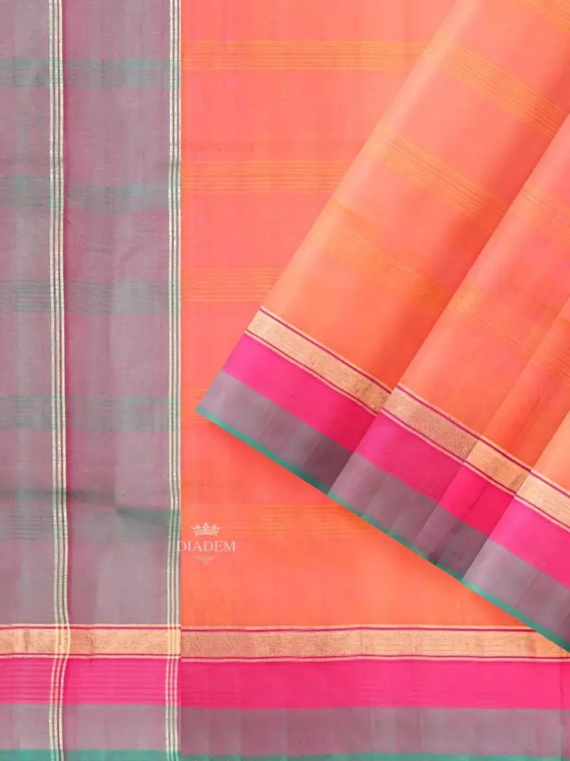 Orange And Pink Dual Tone Silk Saree With Stripes On The Body And Contrast Zari Border 2