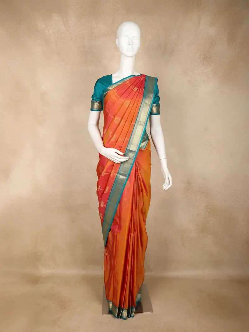 Orange And Pink Dual-Tone Striped Woven Design Kanchipuram Silk Saree With Contrast Teal Zari Border 1