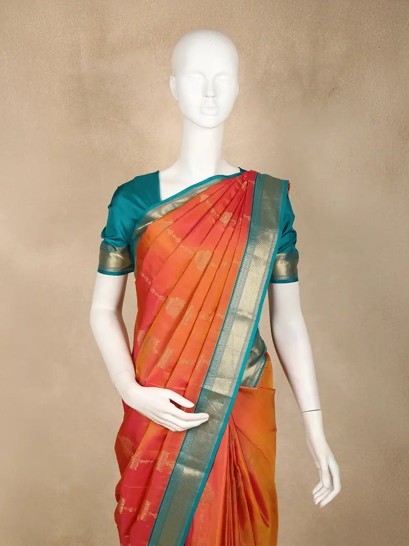 Orange And Pink Dual-Tone Striped Woven Design Kanchipuram Silk Saree With Contrast Teal Zari Border 2