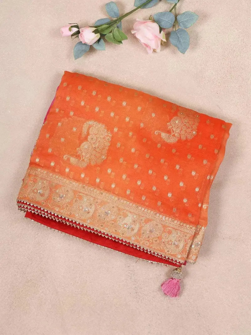 Orange And Pink Semi Banarasi Saree With Floral Designs On The Body And Zari Border 1