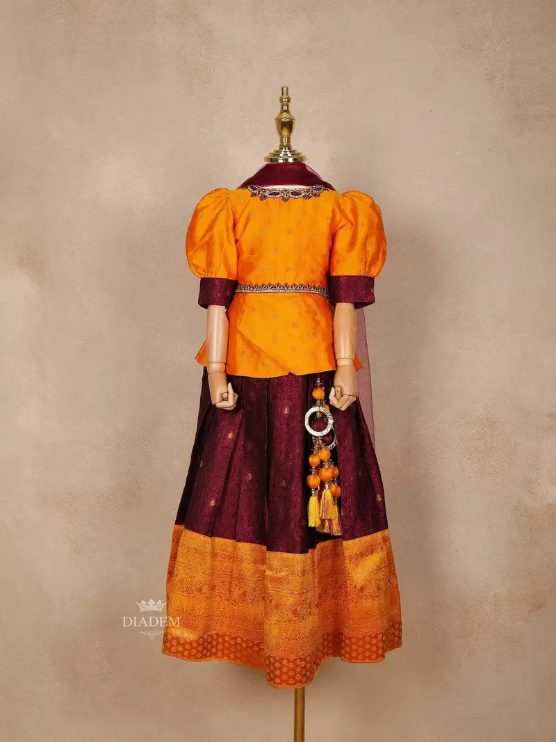 Orange And Wine Silk Pattu Pavadai Paired With Dupatta 1