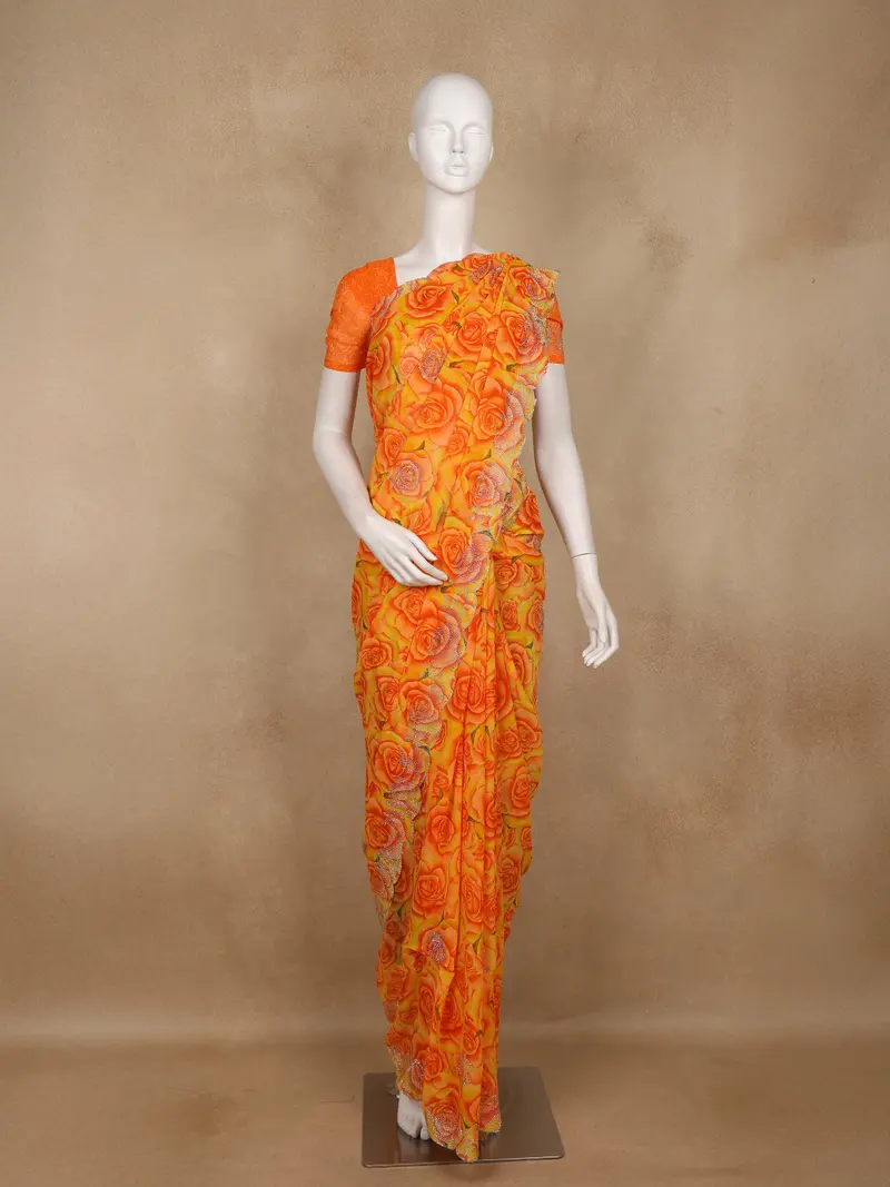 Orange And Yellow Floral Printed Design Chiffon Saree 1