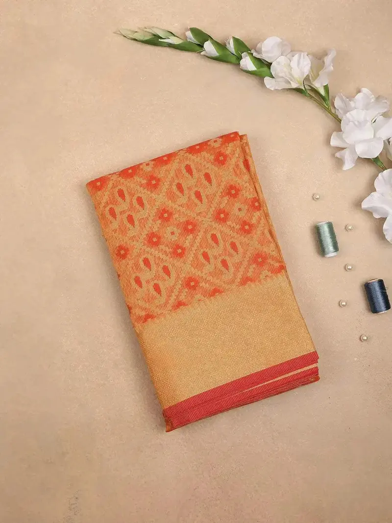 Orange Art Silk Saree With Checks And Paisley Design On The Body With Matching Border 1