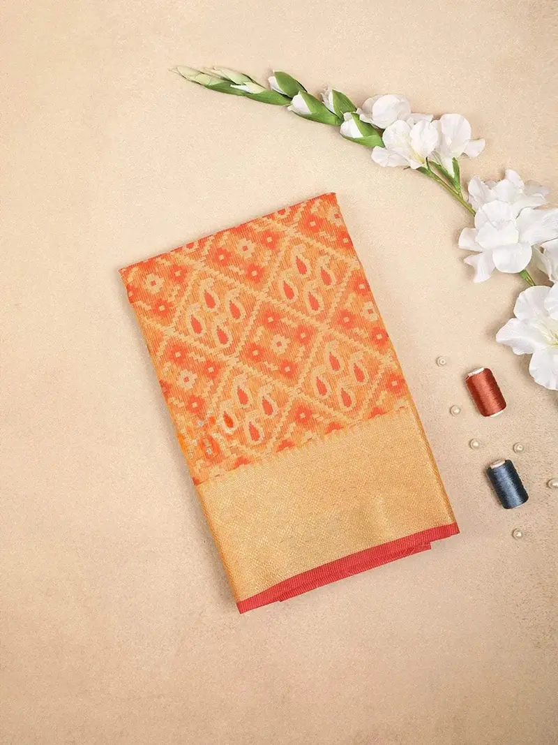 Orange Art Silk Saree With Checks And Paisley Design On The Body With Zari Border 1