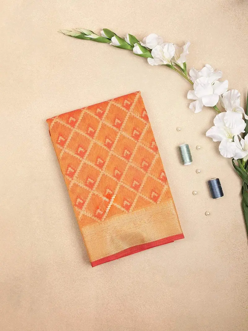 Orange Art Silk Saree With Diagonal Checks Design On The Body With Zari Border 1