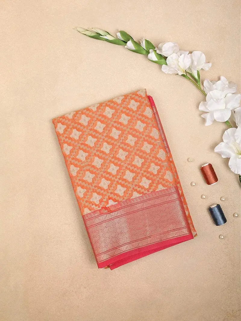 Orange Art Silk Saree With Diagonal Floral Design On The Body With Zari Border 1
