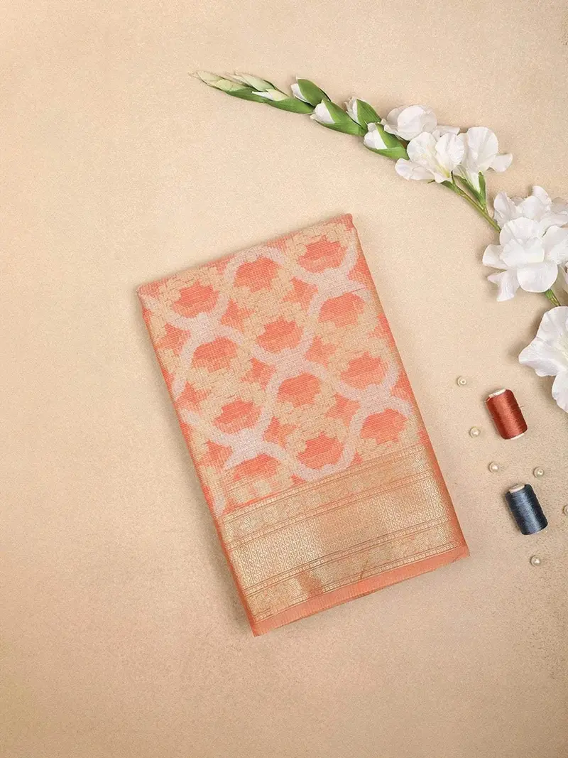 Orange Art Silk Saree With Geometric Floral Design On The Body With Designed Border 1