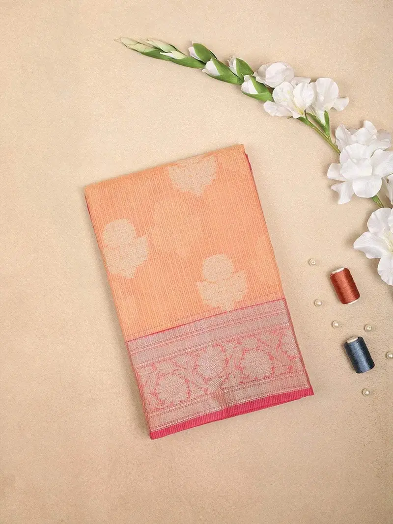 Orange Art Silk Saree With Grid Floral Design On The Body With Designed Border 1
