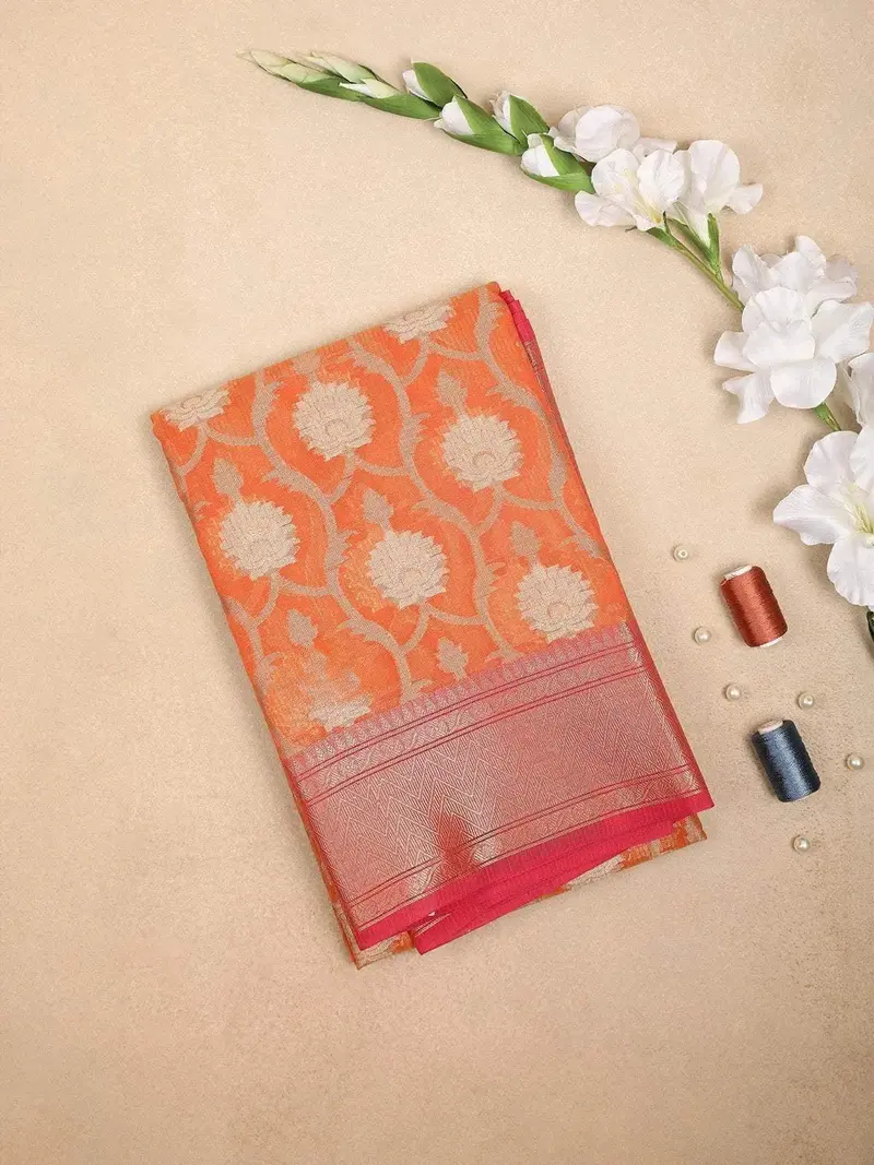 Orange Art Silk Saree With Vines Floral Design On The Body With Zari Border 1