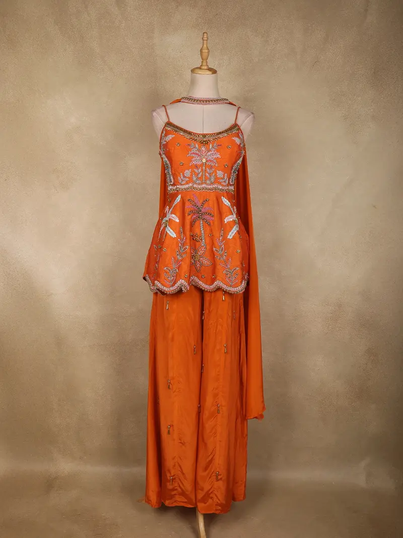 Orange Beads Embroidered Design Semi Tissue Peplum Palazzo Suit 1