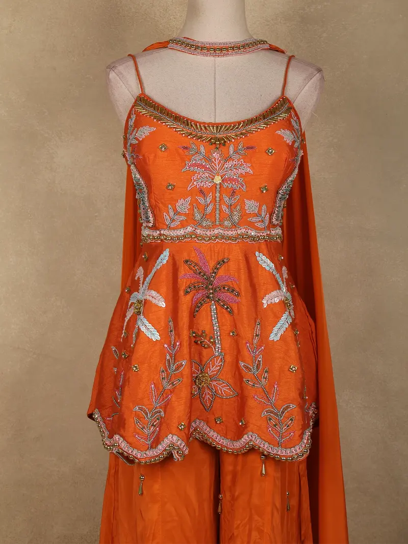 Orange Beads Embroidered Design Semi Tissue Peplum Palazzo Suit 2