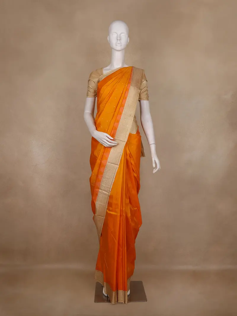 Orange Butta Woven Design Pure Kanchipuram Silk Saree With Golden Zari Border 1