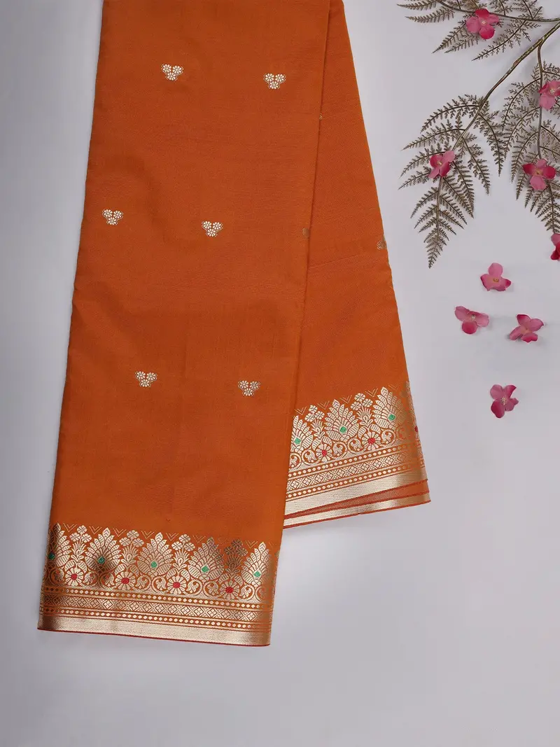 Orange Butta Woven Design Soft Silk Saree With Silver Zari Floral Border 1