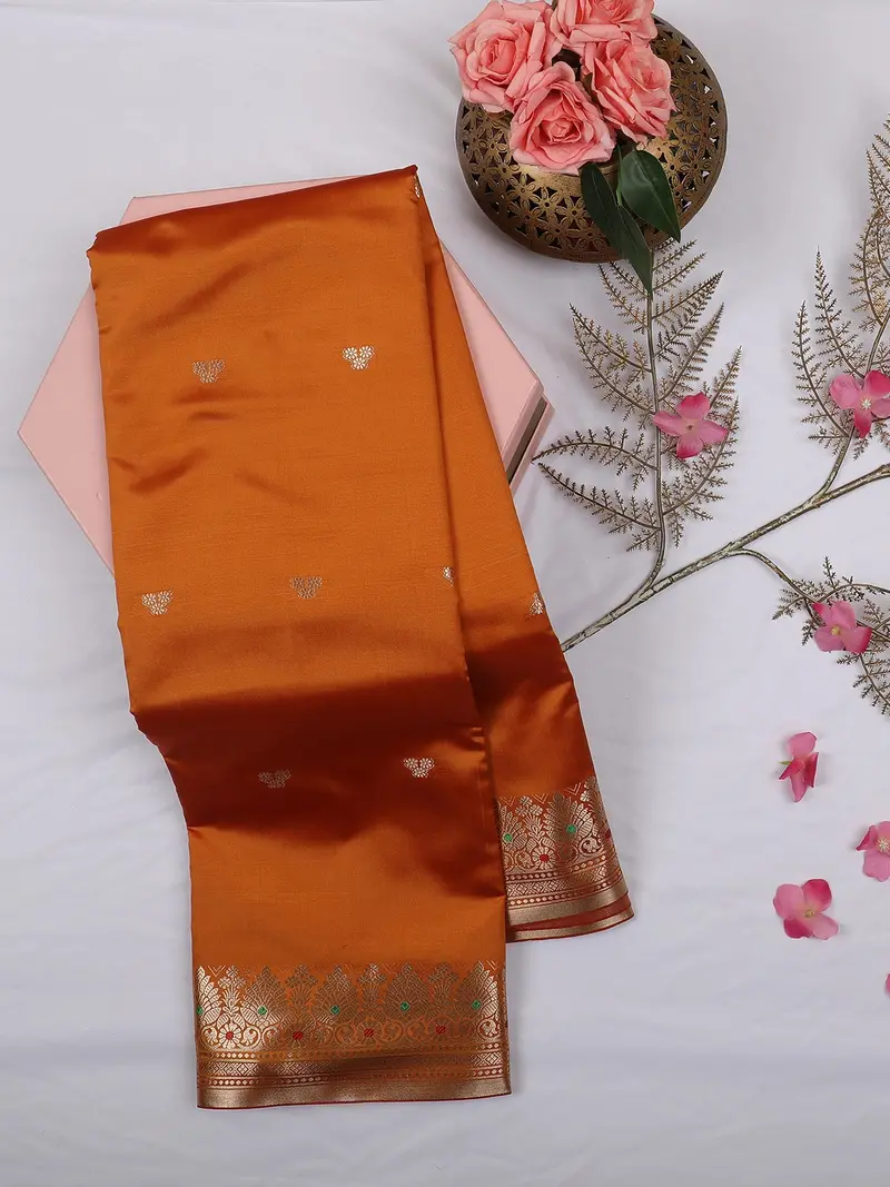 Orange Butta Woven Design Soft Silk Saree With Silver Zari Floral Border 2