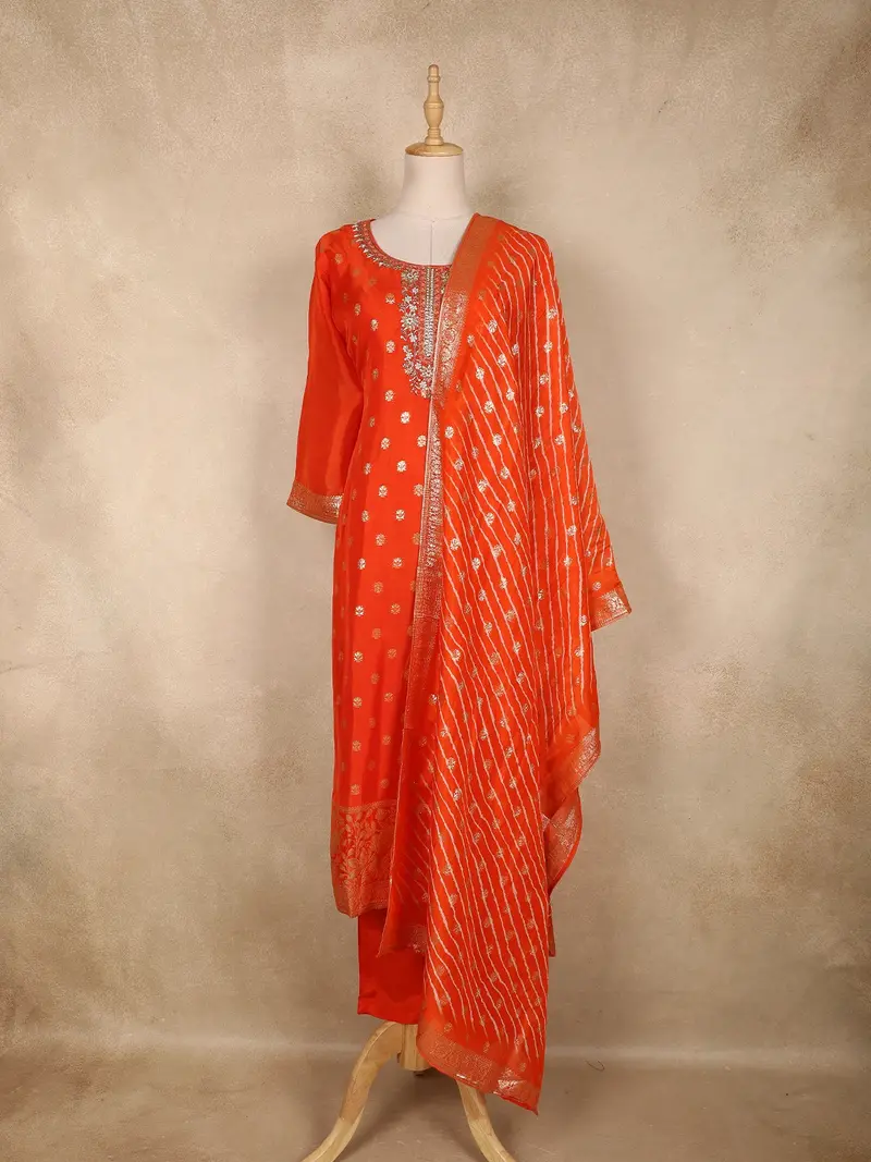 Orange Butta Zari Woven Design Banarasi Silk Straight Cut Salwar Suit With Dupatta 1