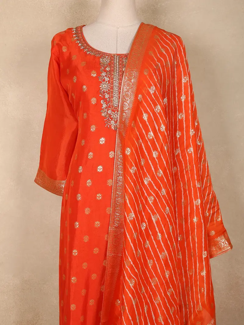 Orange Butta Zari Woven Design Banarasi Silk Straight Cut Salwar Suit With Dupatta 2