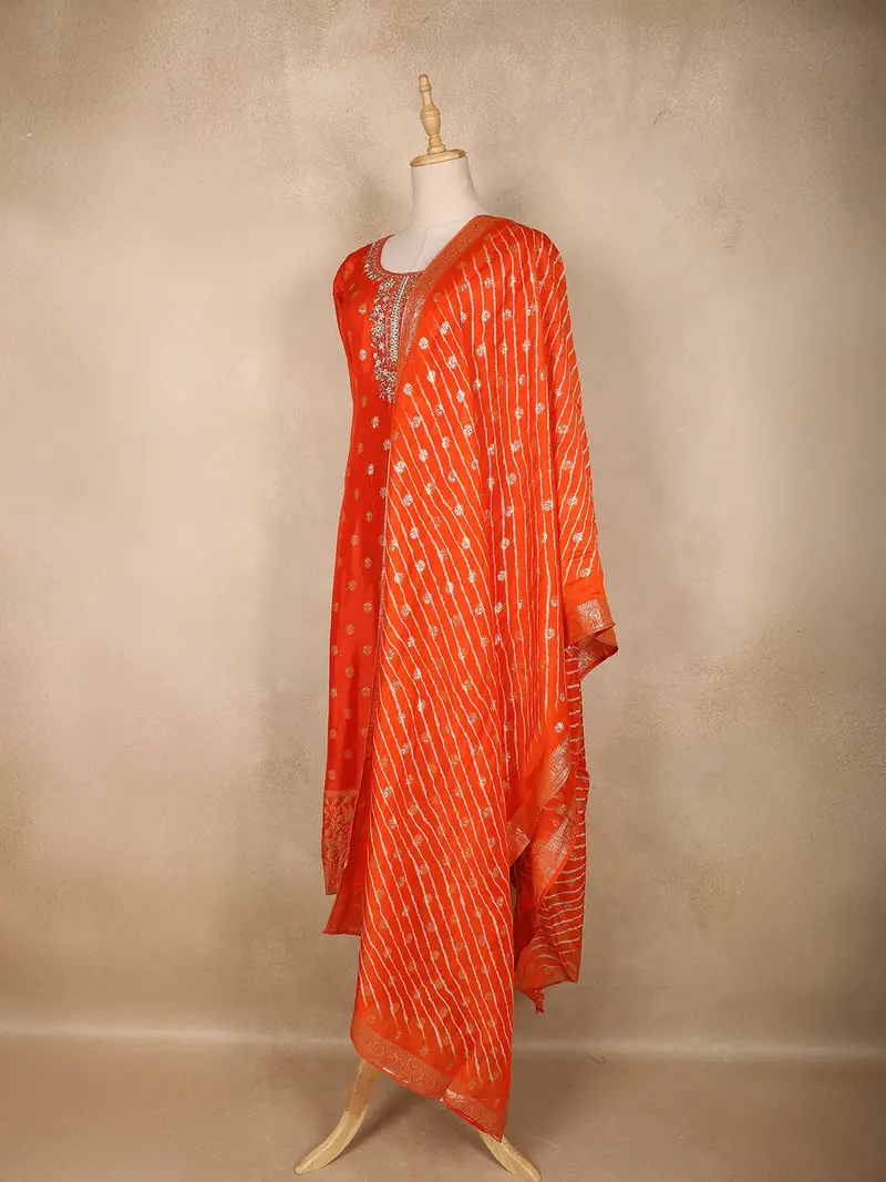 Orange Butta Zari Woven Design Banarasi Silk Straight Cut Salwar Suit With Dupatta 3