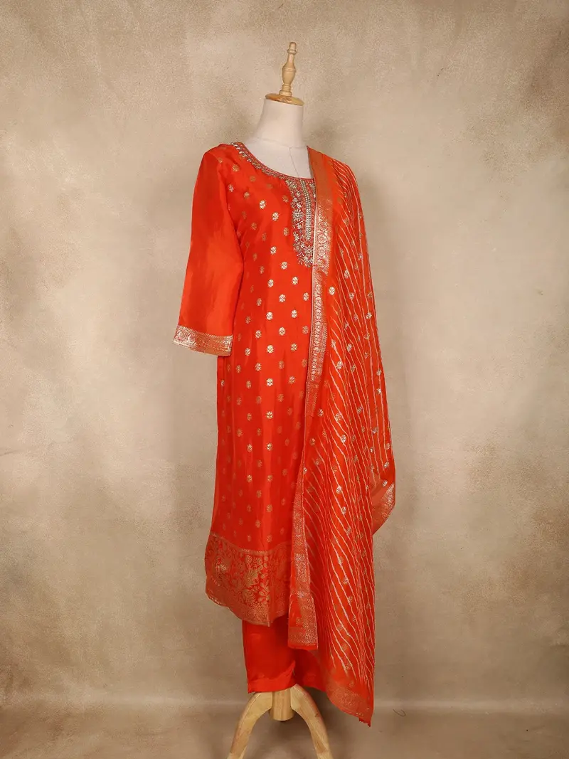 Orange Butta Zari Woven Design Banarasi Silk Straight Cut Salwar Suit With Dupatta 4