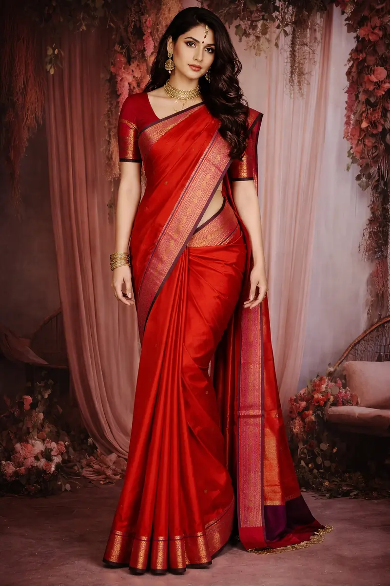 Orange Butta Zari Woven Design Pure Kanchipuram Silk Saree With Contrast Double Zari Border 1