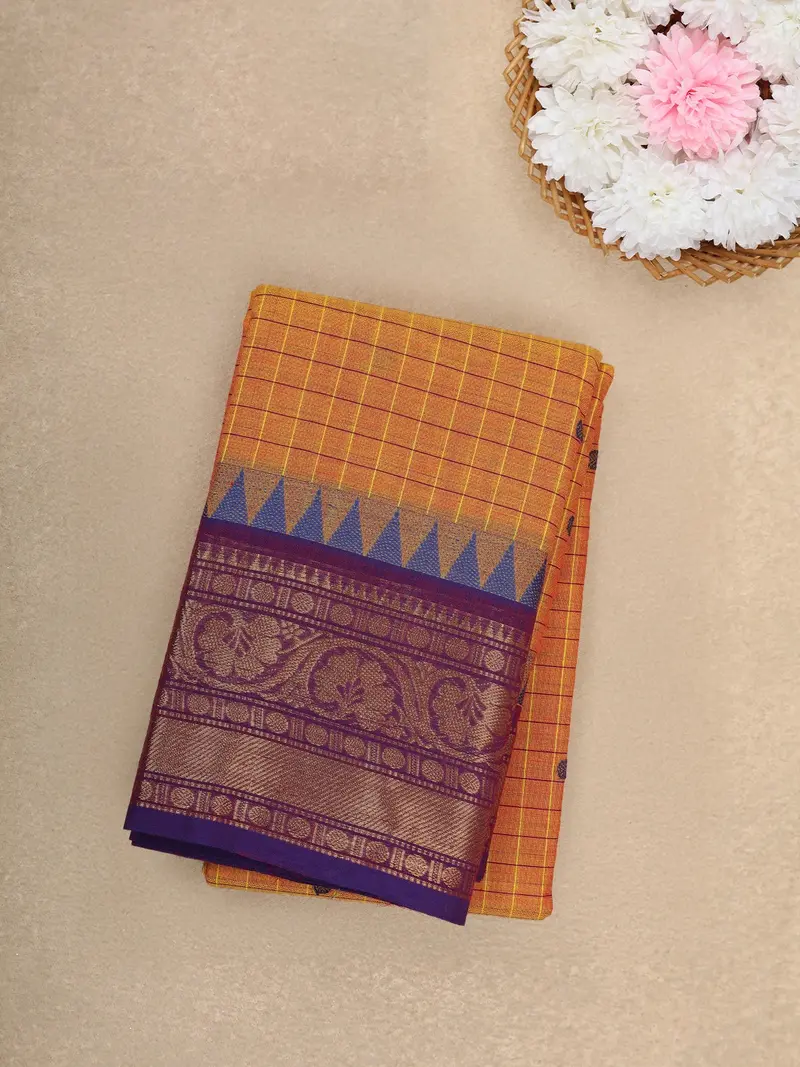 Orange Checked Design Cotton Saree With Purple Zari Border 1