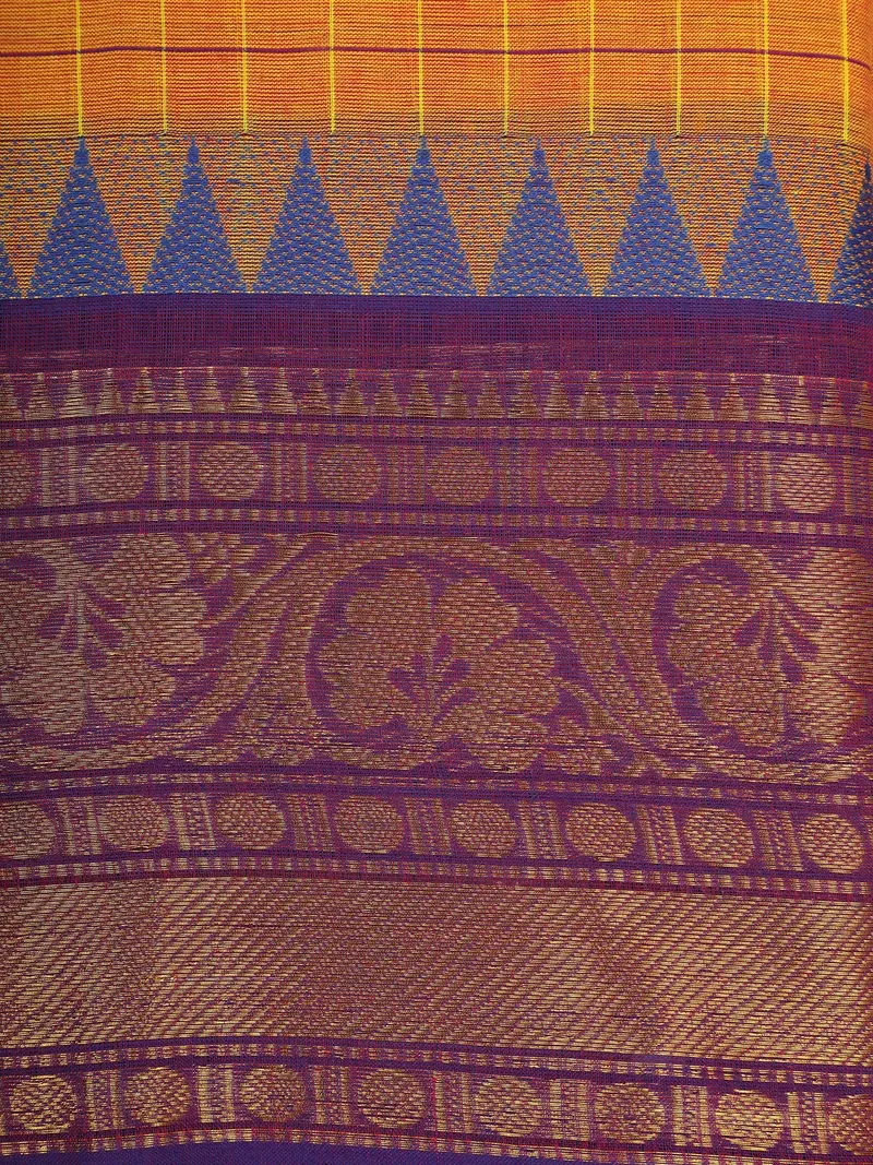 Orange Checked Design Cotton Saree With Purple Zari Border 2