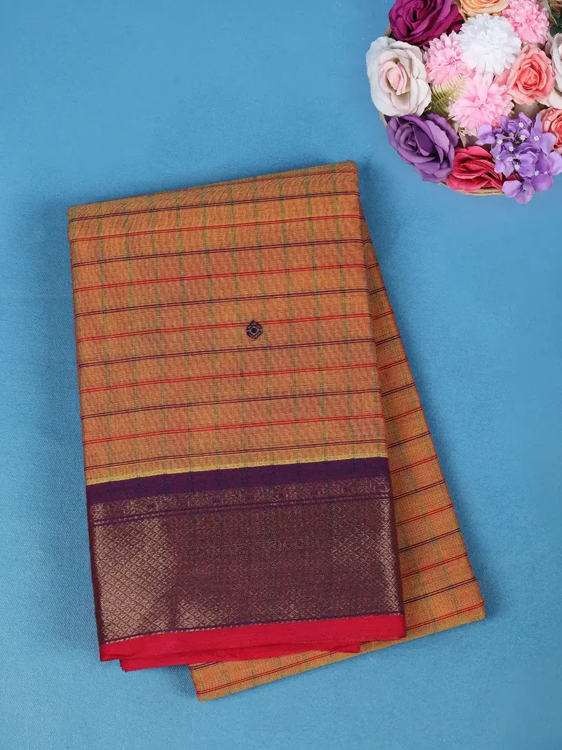 Orange Checked Design Cotton Saree With Zari Woven Purple Border 1