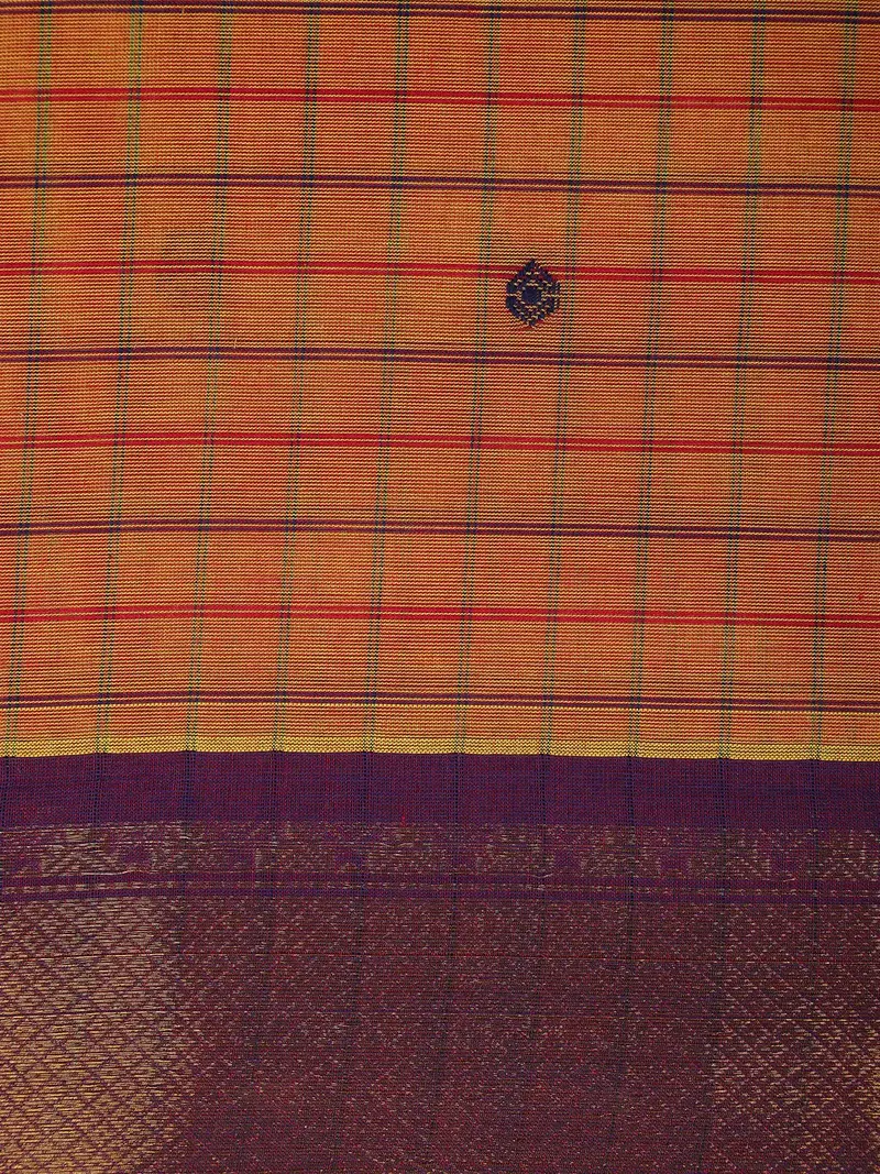 Orange Checked Design Cotton Saree With Zari Woven Purple Border 2