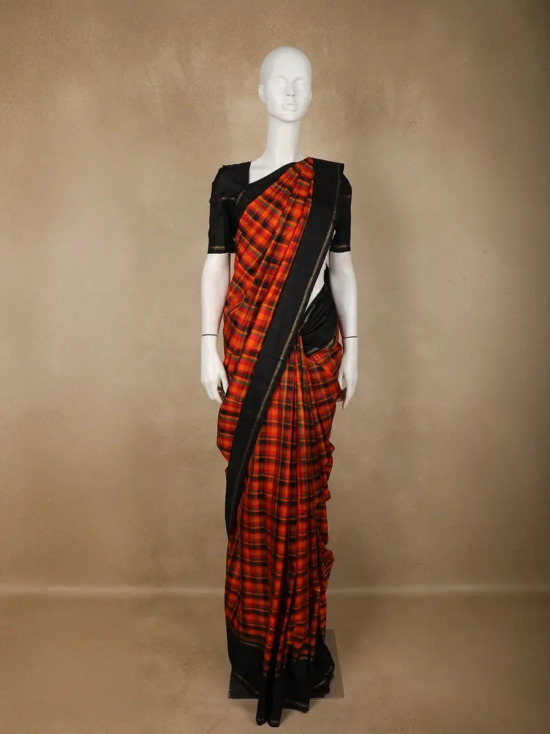 Orange Checked Design Pure Kanchipuram Silk Saree With Contrast Border 1