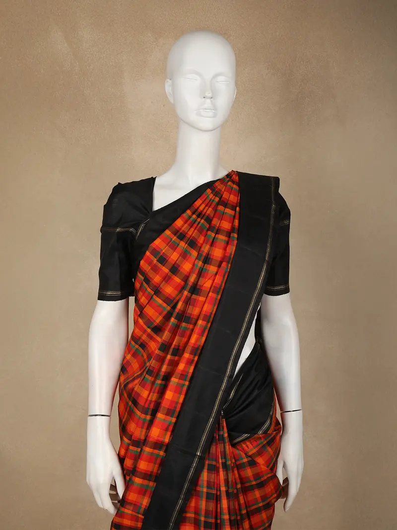 Orange Checked Design Pure Kanchipuram Silk Saree With Contrast Border 2