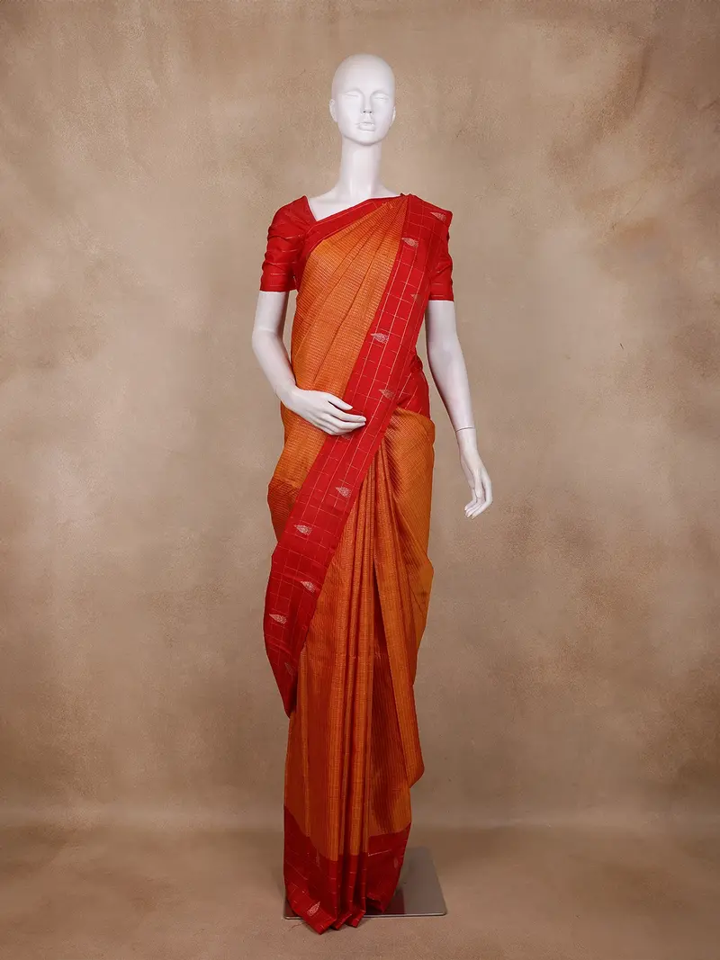 Orange Checks Woven Pure Kanchipuram Silk Saree With Contrast Zari Border 1