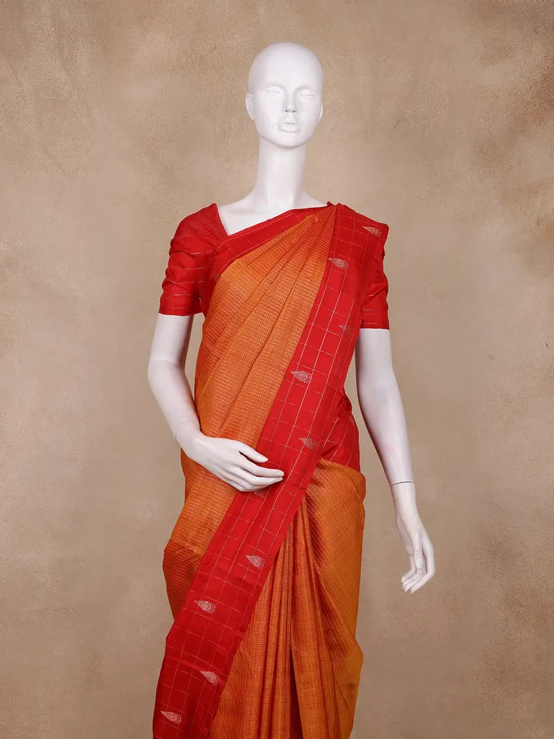 Orange Checks Woven Pure Kanchipuram Silk Saree With Contrast Zari Border 2