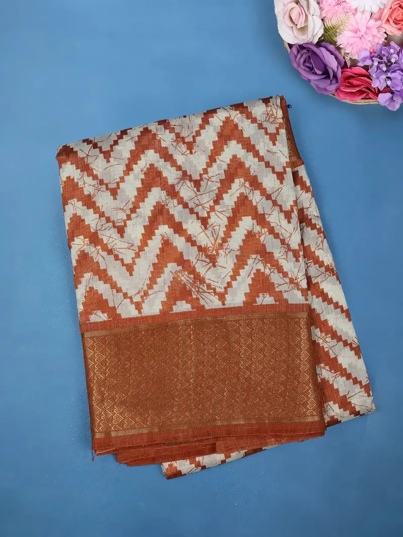 Orange Chevron Designed Fancy Cotton Saree 1