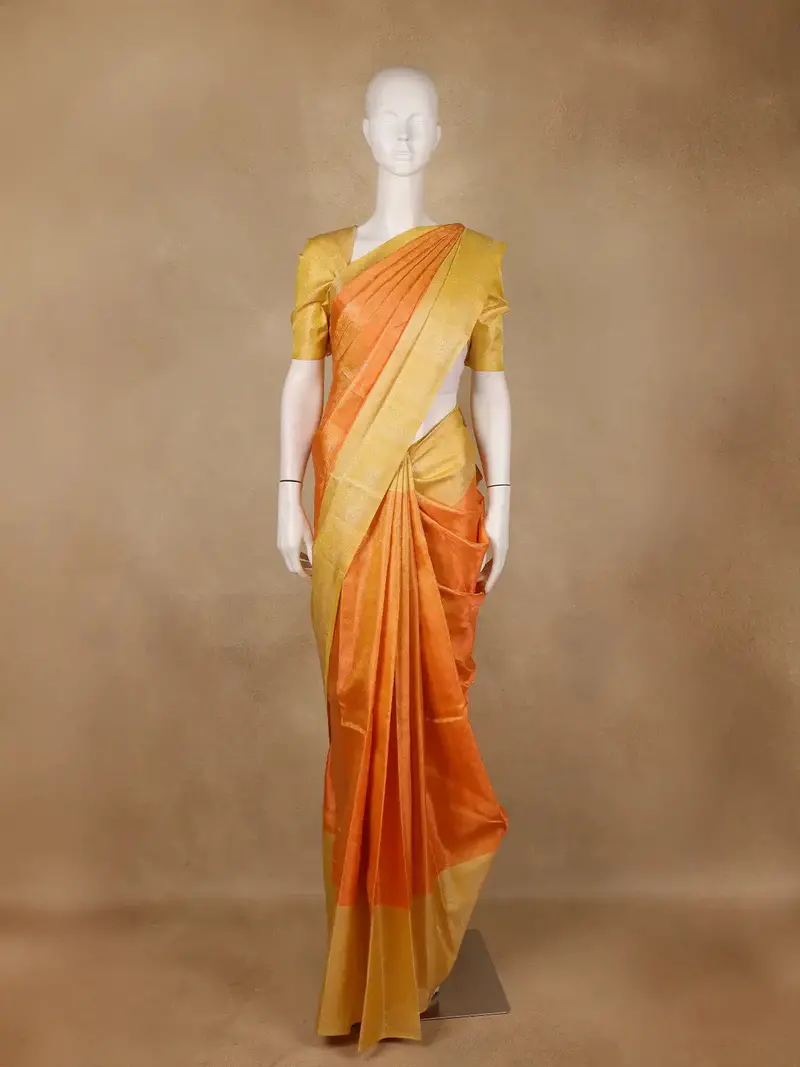 Orange Circular Motifs Woven Pure Kanchipuram Silk Saree With Yellow Contrast 1