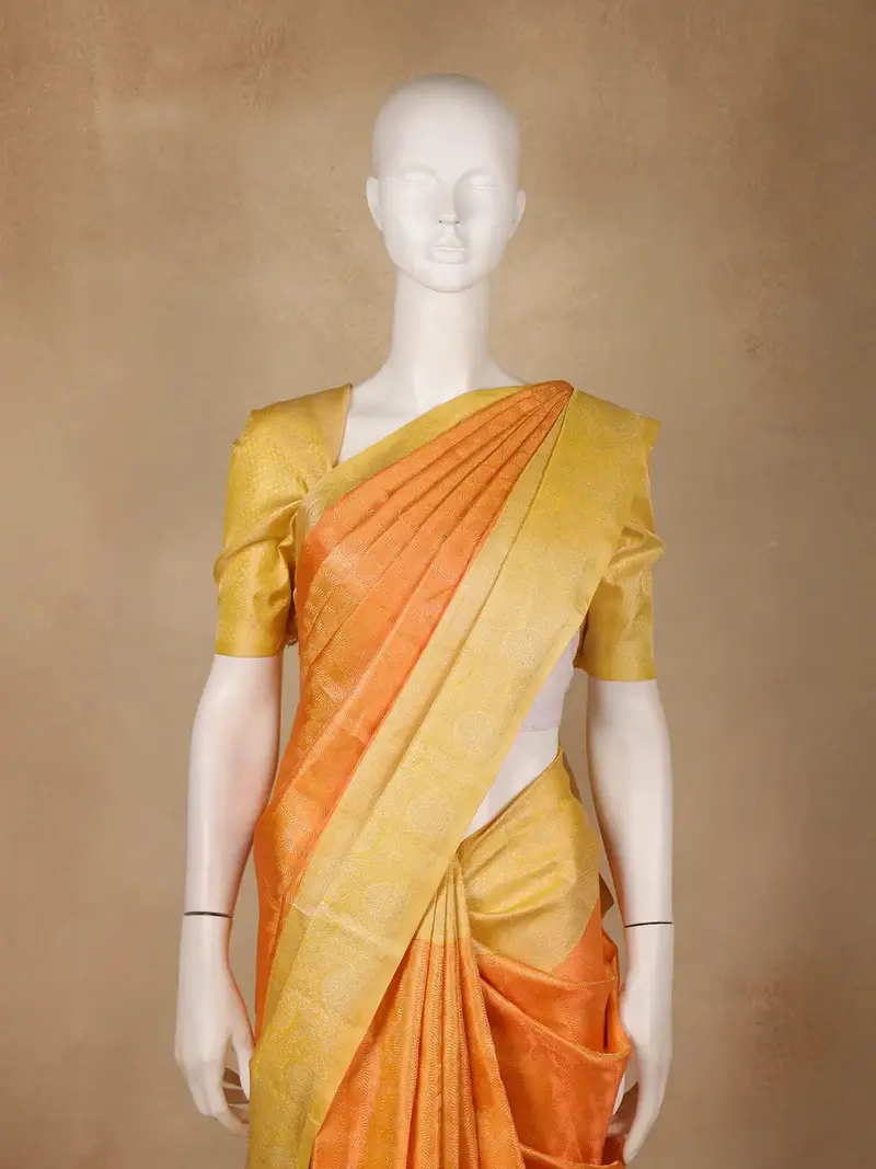 Orange Circular Motifs Woven Pure Kanchipuram Silk Saree With Yellow Contrast 2