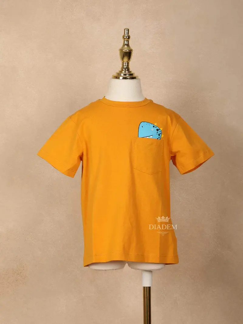 Orange Cotton Half Sleeve T-Shirt With Dinosaur Prints 1